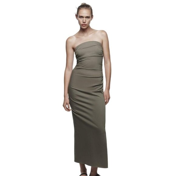 Zara Dresses & Skirts - ZARA DRAPED MIDI DRESS  Khaki SIZE XS | 2298/155